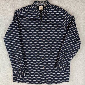 Rowm Button Front Shirt XL Navy Blue Feather Pattern Cotton Casual